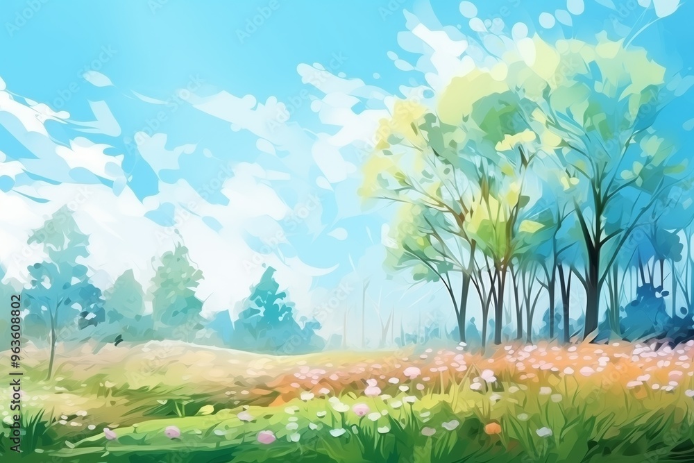 Obraz premium Beautiful blurred spring background nature with blooming glade, trees and blue sky on a sunny day. generative ai. 