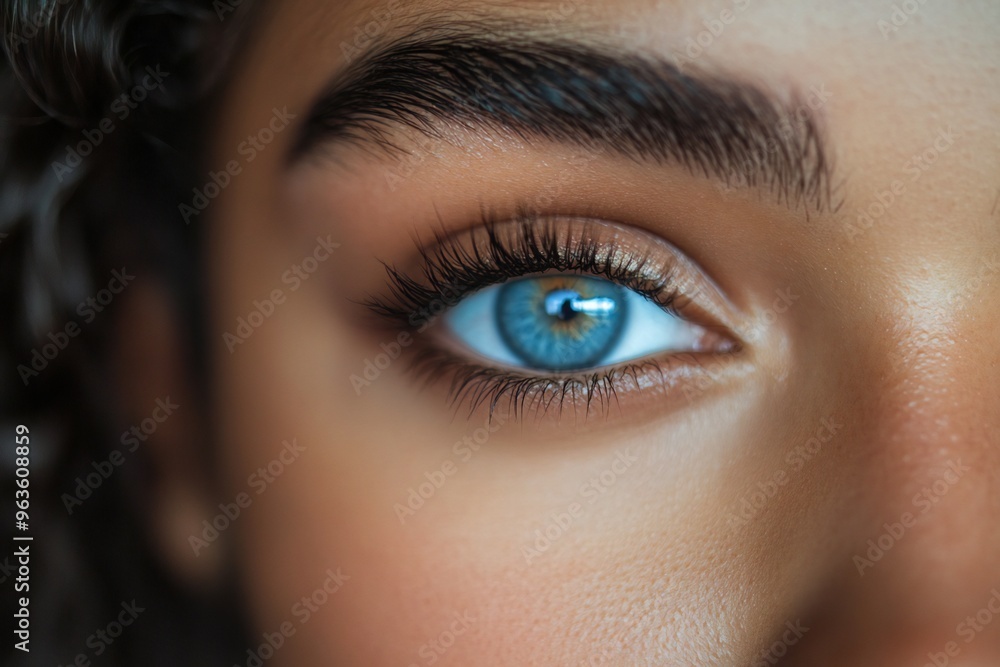 Fototapeta premium close-up of a mexican american woman with beautiful blue eyes and a beautiful natural eyebrow