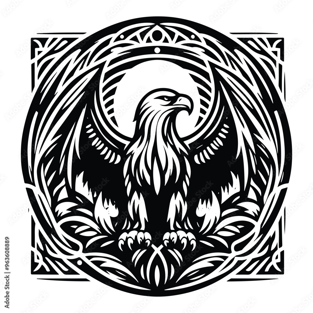 Eagle bird with art nouveau decoration, stencil logo, black and white animal illustration Eagle bird with art nouveau decoration, stencil logo, black and white animal illustration