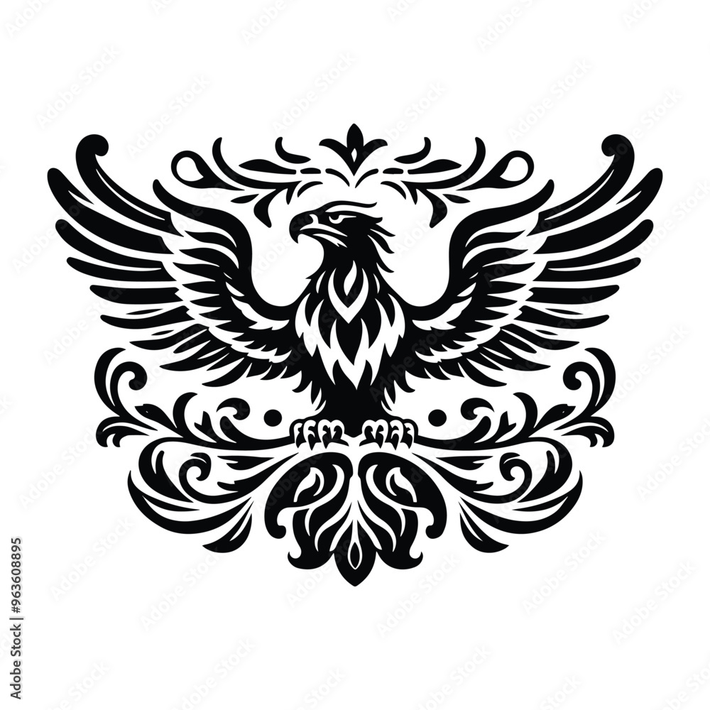 Obraz premium Eagle bird with victorian flourish decoration, stencil logo, black and white animal illustration