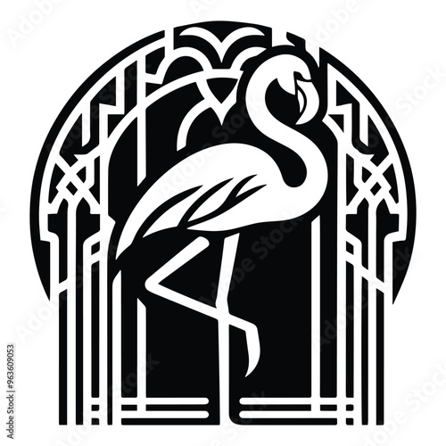 Flamingo bird with art deco decoration, stencil logo, black and white animal illustration