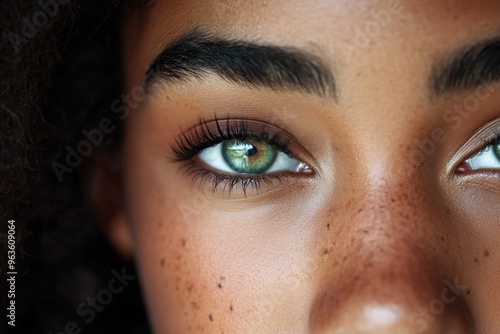 close-up of a african american woman with beautiful green eyes and a beautiful natural eyebrow  photo