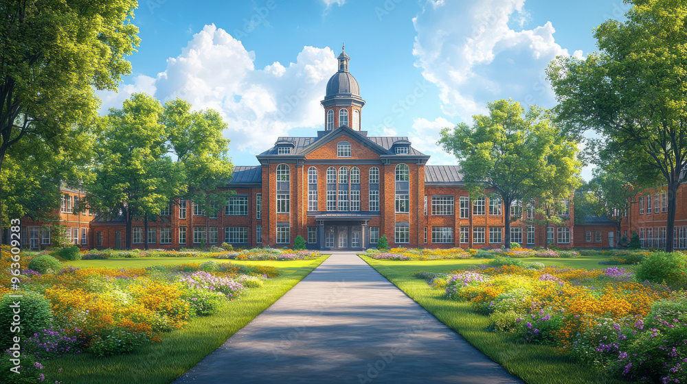 Obraz premium Grand brick school building with a prominent dome, surrounded by lush gardens and trees on a sunny day. Elegant educational campus, historic architecture.