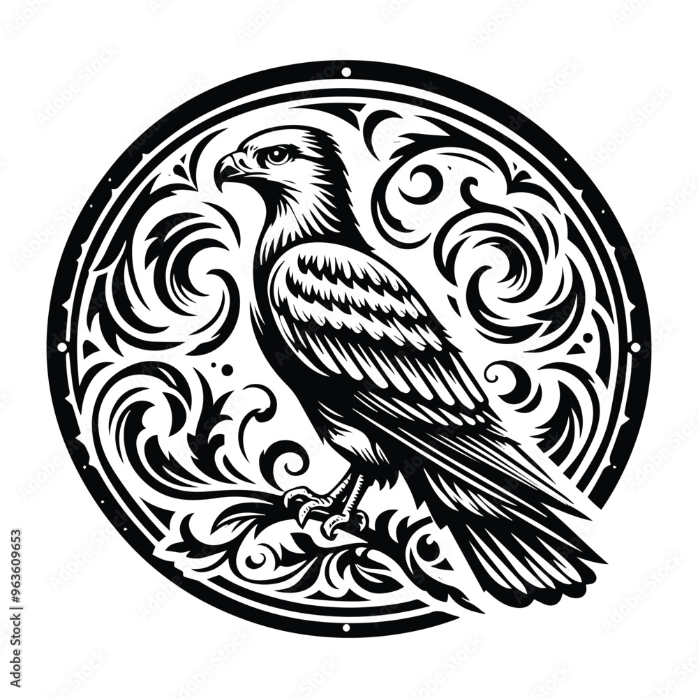 Obraz premium Hawk bird with victorian flourish decoration, stencil logo, black and white animal illustration