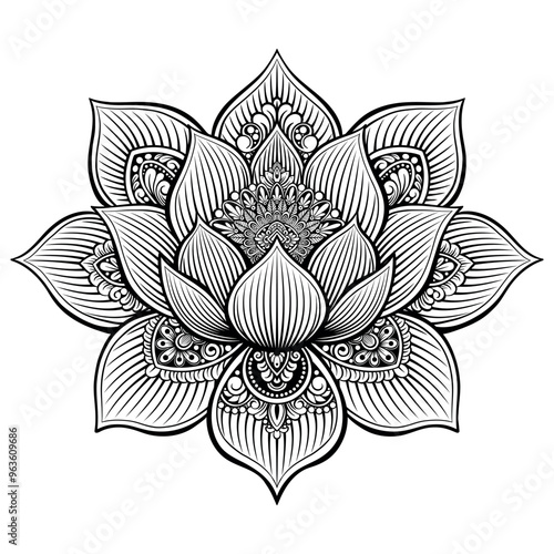A detailed black and white mandala in the shape of a lotus flower, featuring intricate patterns and symmetrical design. Ideal for coloring pages, tattoo designs, yoga art, or decorative and spiritual 