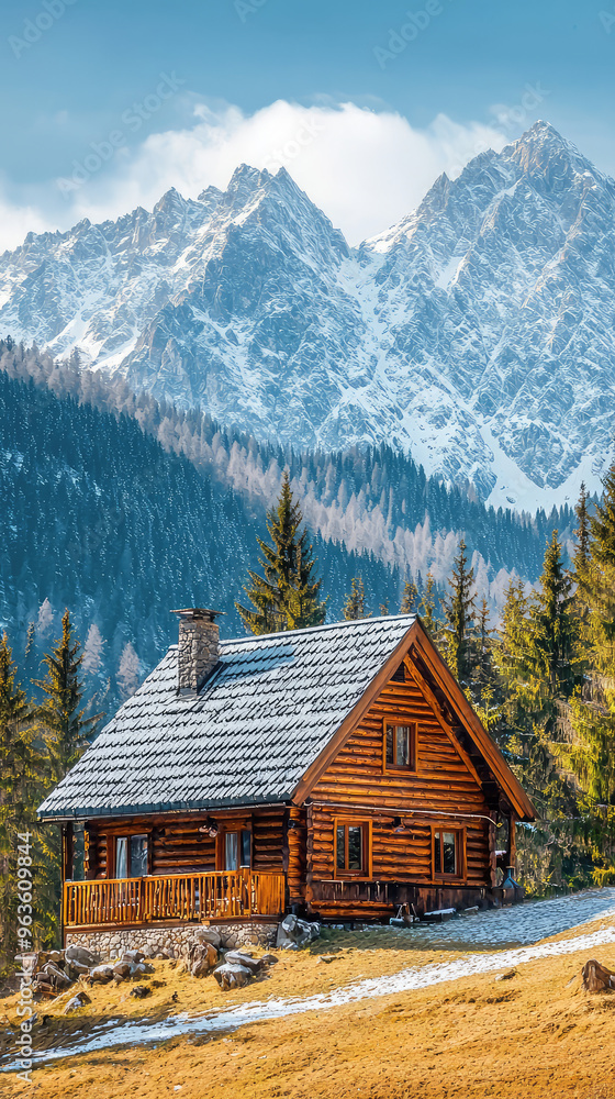 Rustic log cabin in the mountains with snow on the roof Rustic log cabin in the mountains with snow on the roof