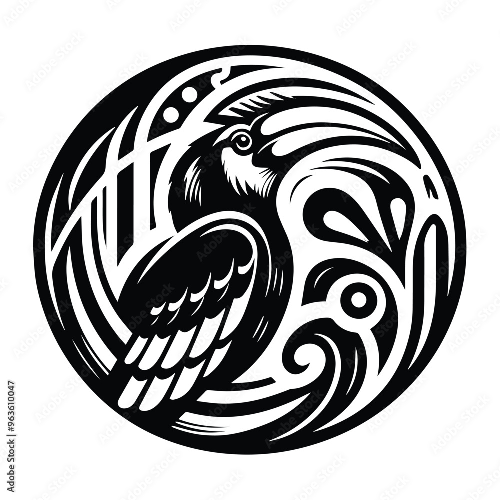 Hornbill bird with art nouveau decoration, stencil logo, black and white animal illustration Hornbill bird with art nouveau decoration, stencil logo, black and white animal illustration