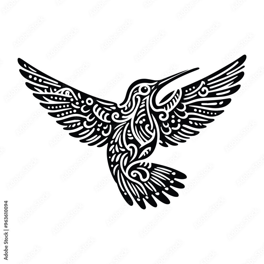 Fototapeta premium Hummingbird bird in zentangle art, stencil logo, black and white animal illustration
