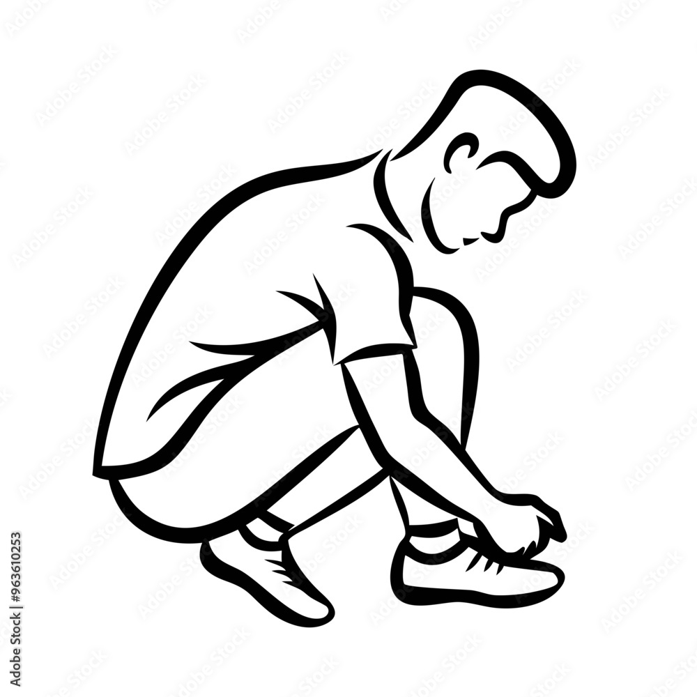 Obraz premium Man Tying Shoes: Everyday Preparation in Simple Lines