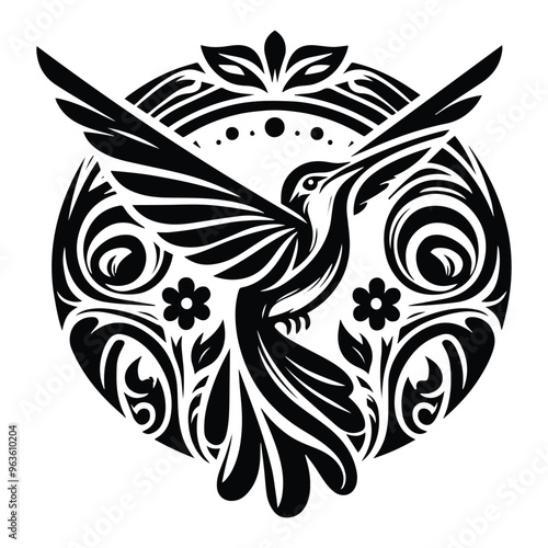 Hummingbird bird with art nouveau decoration, stencil logo, black and white animal illustration