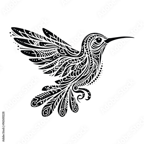 Hummingbird bird in zentangle art, stencil logo, black and white animal illustration