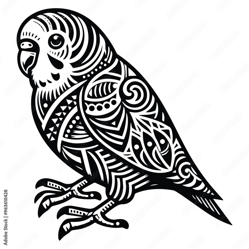 Obraz premium Lovebird in zentangle art, stencil logo, black and white animal illustration