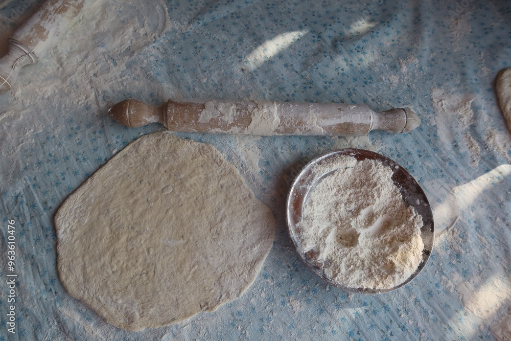 The process of using flour in baking dough to make bread The process of using flour in baking dough to make bread