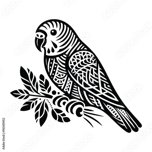 Lovebird in zentangle art, stencil logo, black and white animal illustration