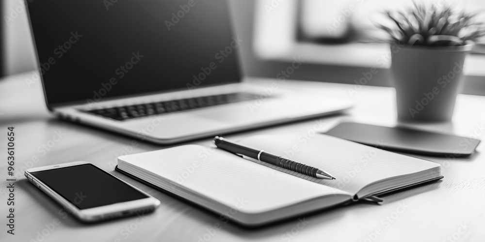 Black and white photography of an office workspace featuring an open notebook, a pen, a smartphone, and a laptop, smartphone, notebook, pen Black and white photography of an office workspace featuring an open notebook, a pen, a smartphone, and a laptop, smartphone, notebook, pen