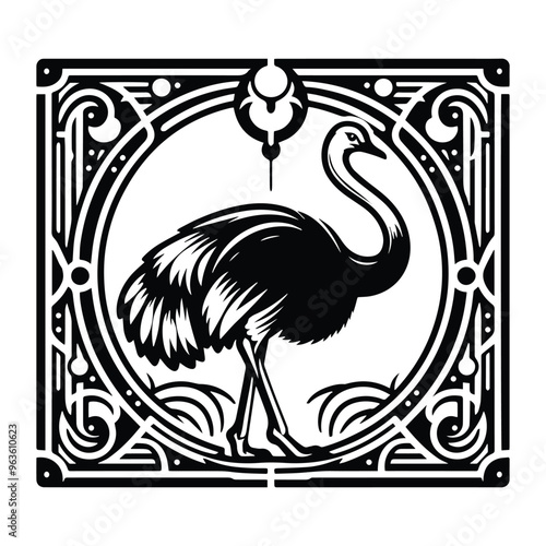 Ostrich bird with art nouveau decoration, stencil logo, black and white animal illustration photo