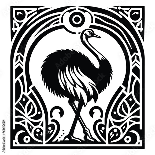 Ostrich bird with art nouveau decoration, stencil logo, black and white animal illustration photo