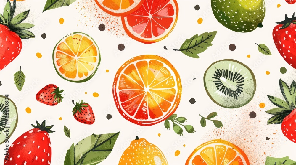Vibrant pattern of fruits and vegetables rendered in an abstract, flat style with citrus accents. Vibrant pattern of fruits and vegetables rendered in an abstract, flat style with citrus accents.