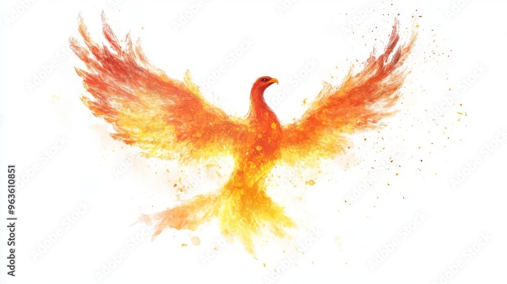 A vibrant illustration of a phoenix, symbolizing rebirth and renewal, depicted in stunning fiery colors, wings spread wide against a white background. A vibrant illustration of a phoenix, symbolizing rebirth and renewal, depicted in stunning fiery colors, wings spread wide against a white background.