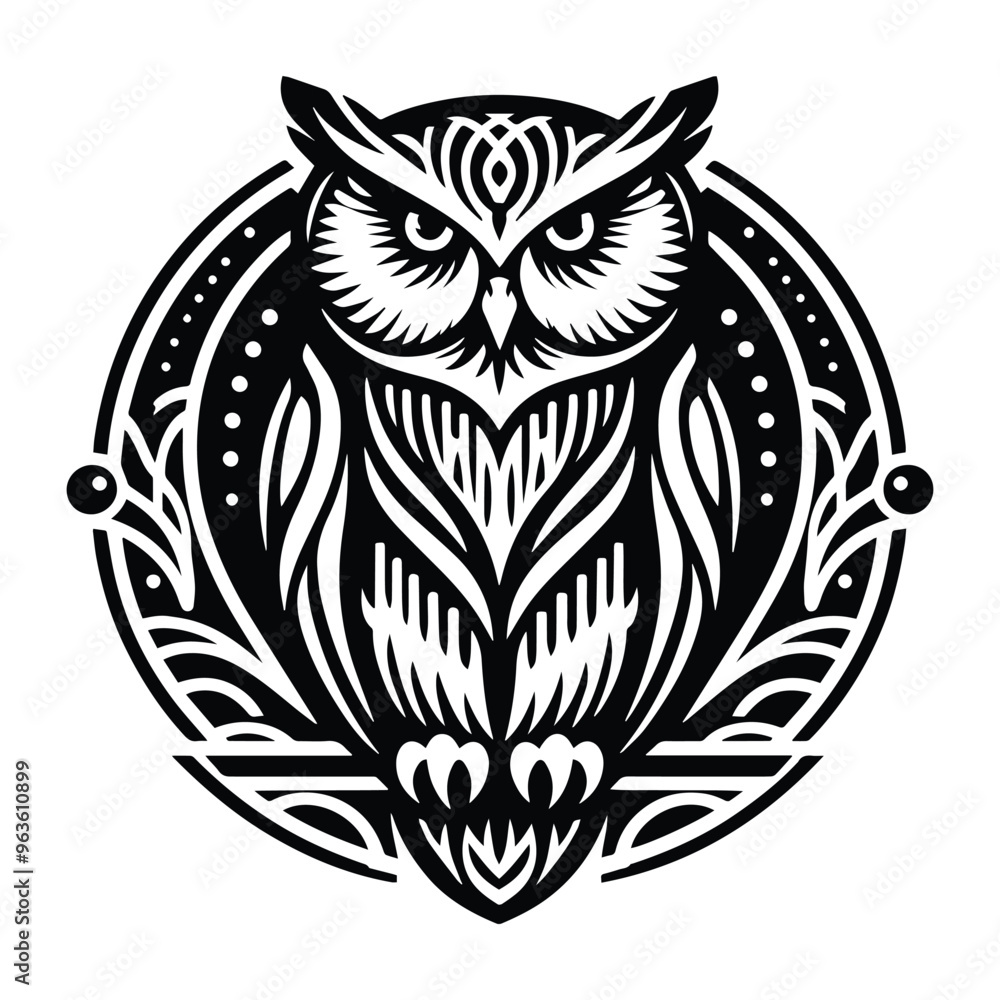 Fototapeta premium Owl bird with art nouveau decoration, stencil logo, black and white animal illustration