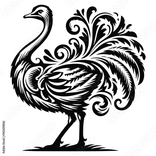 Ostrich bird with victorian flourish decoration, stencil logo, black and white animal illustration photo