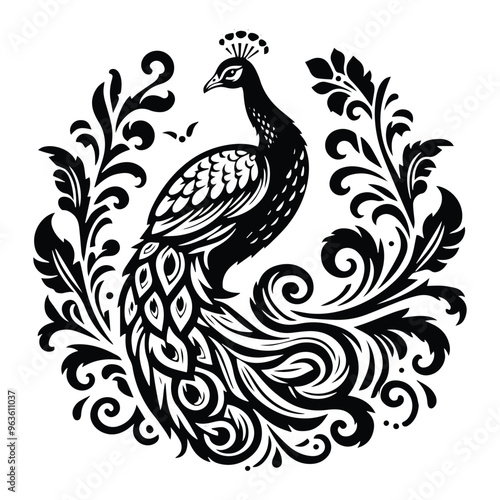 Peacock bird with victorian flourish decoration, stencil logo, black and white animal illustration