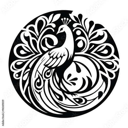 Peacock bird with art nouveau decoration, stencil logo, black and white animal illustration