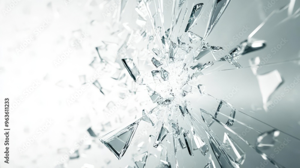 Close-up of shattered glass fragments scattered in various directions, creating a dynamic and chaotic visual effect. Close-up of shattered glass fragments scattered in various directions, creating a dynamic and chaotic visual effect.