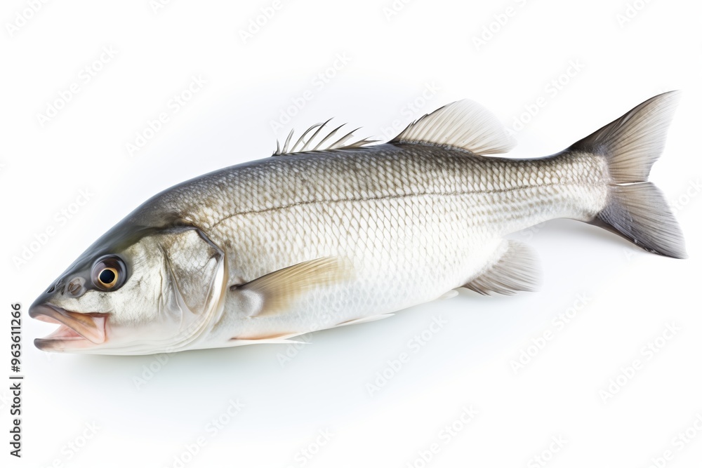 One fresh sea bass fish isolated on white background One fresh sea bass fish isolated on white background
