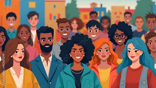 Colorful Cartoon Illustration of a Diverse Multiethnic Group in a City Promoting Diversity, Equality, Unity, Inclusion, and Belonging