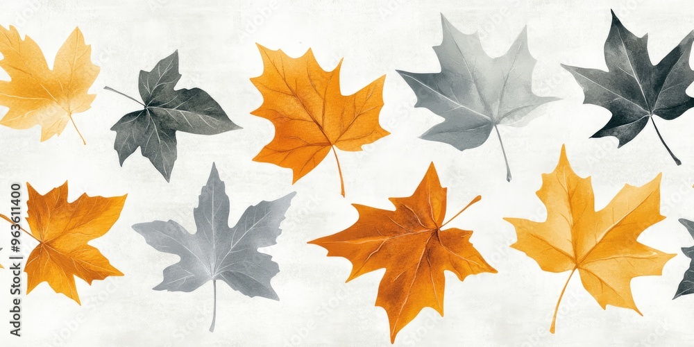 Fototapeta premium A high-resolution watercolor autumn background featuring beautifully blended leaves in shades of orange, yellow, and gray, capturing the essence of serene fall landscapes