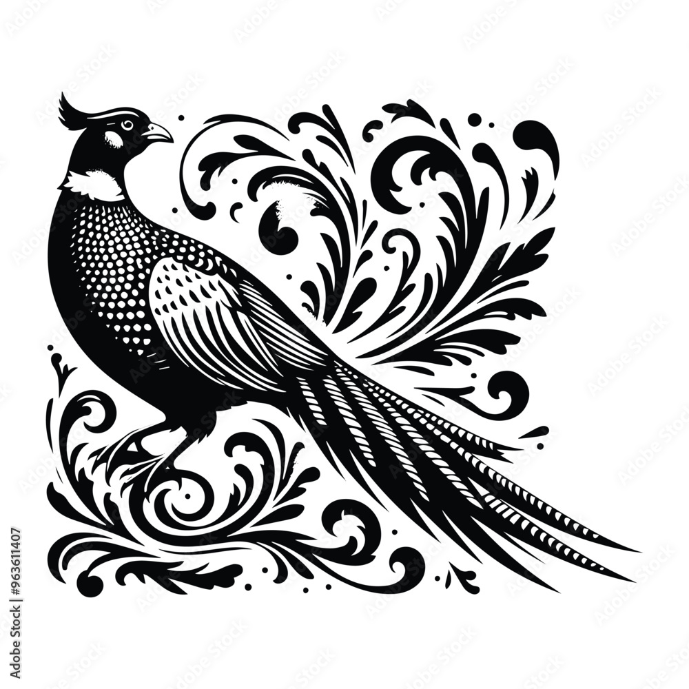 Fototapeta premium Pheasant bird with victorian flourish decoration, stencil logo, black and white animal illustration