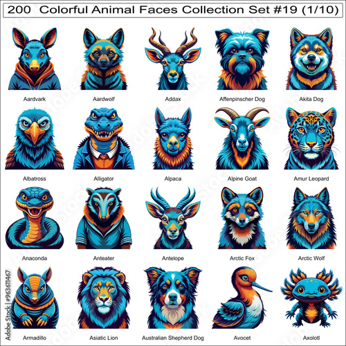  Colorful Animal Faces Collection Set of 200 Isolated Animals Part 1