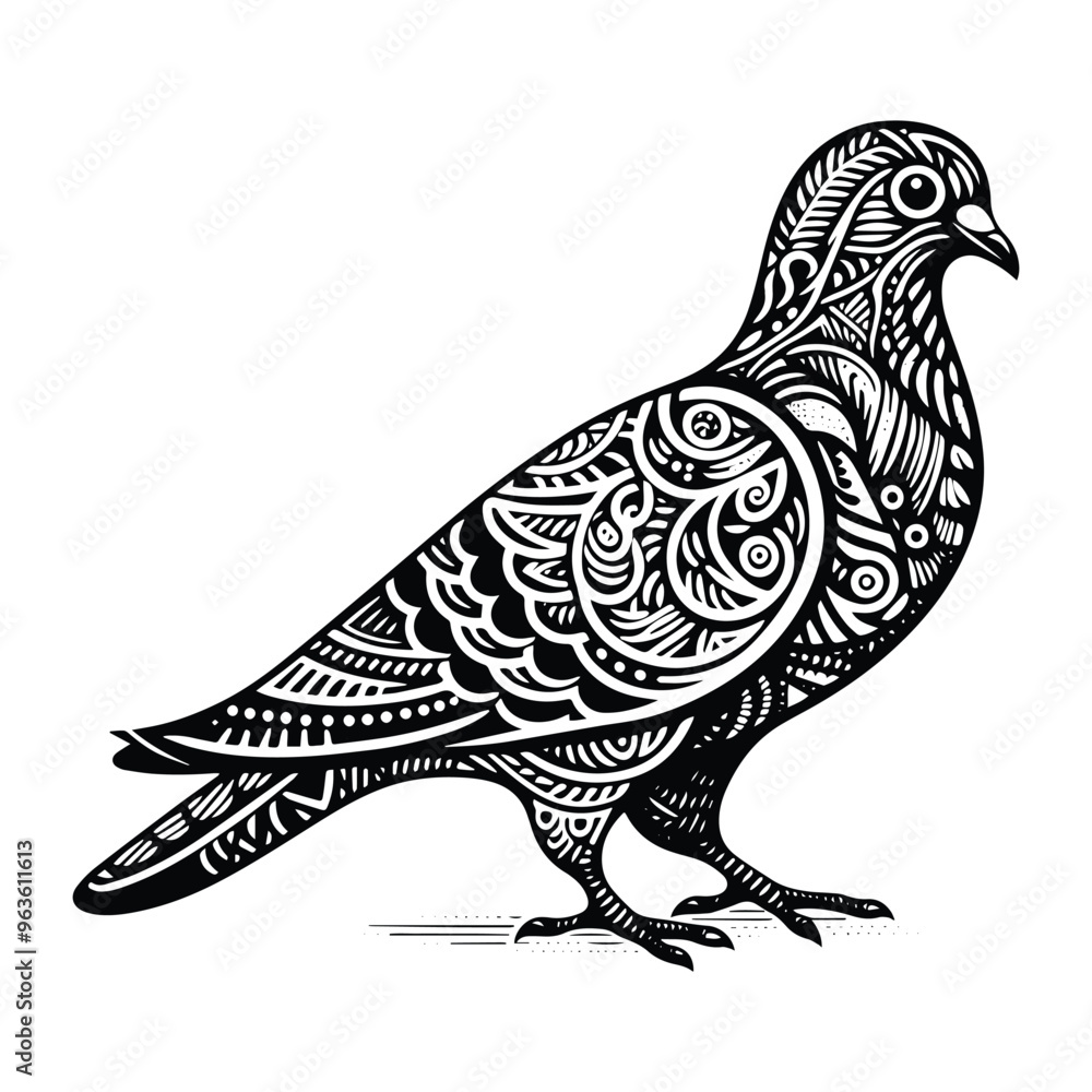 Obraz premium Pigeon bird in zentangle art, stencil logo, black and white animal illustration