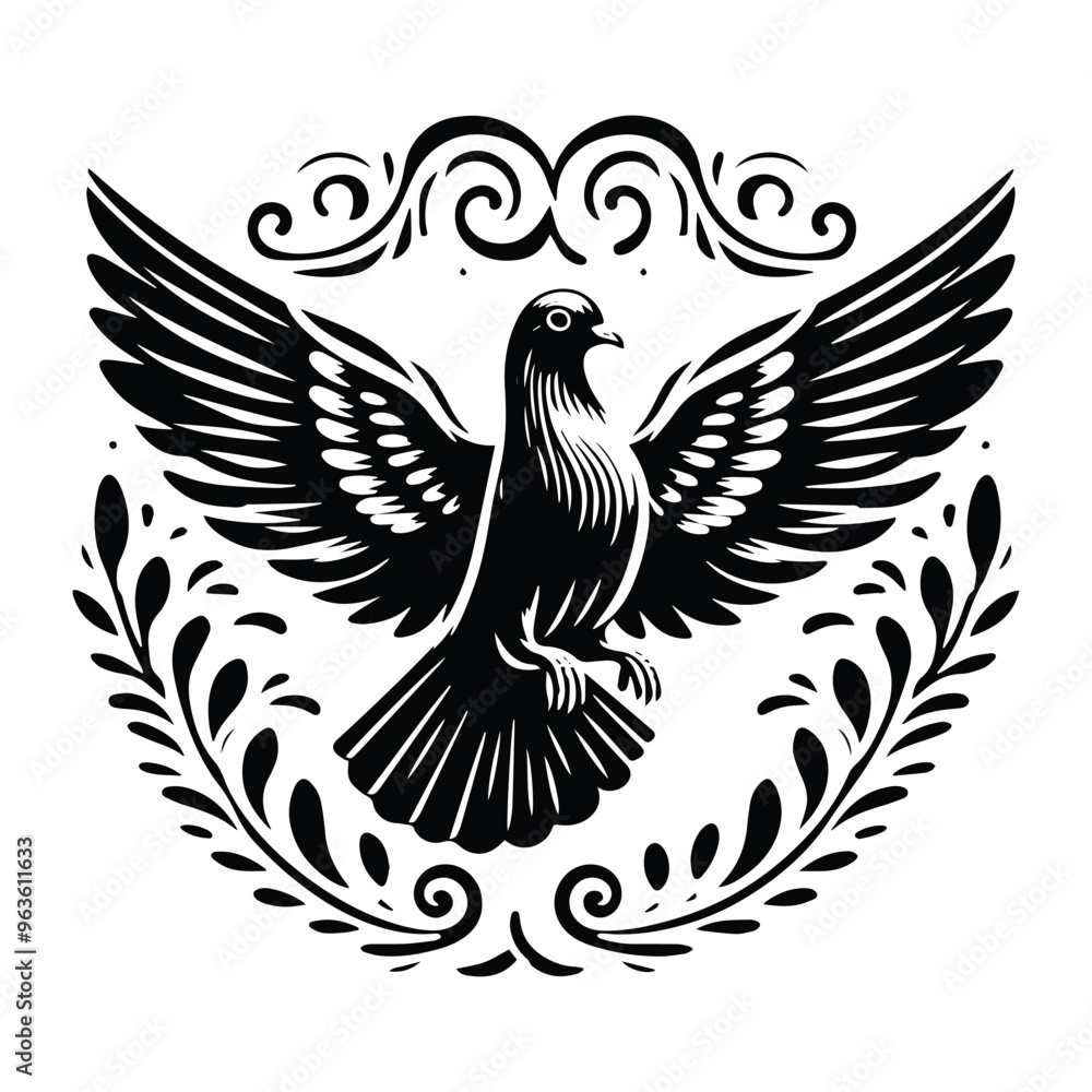 Fototapeta premium Pigeon bird with victorian flourish decoration, stencil logo, black and white animal illustration