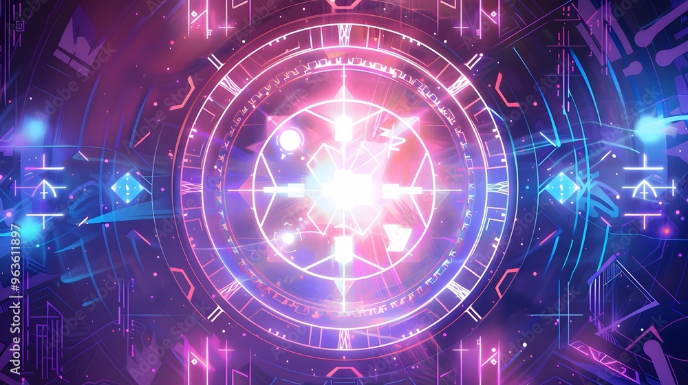 Fototapeta premium Glowing Abstract Circle with Geometric Shapes in Purple and Blue