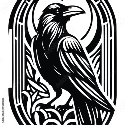 raven bird with art nouveau decoration, stencil logo, black and white animal illustration photo