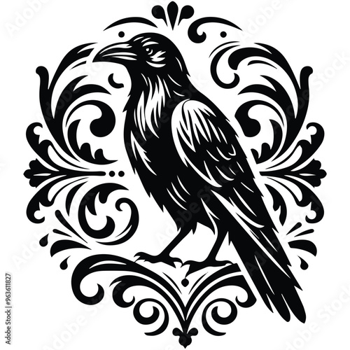 raven bird with victorian flourish decoration, stencil logo, black and white animal illustration photo