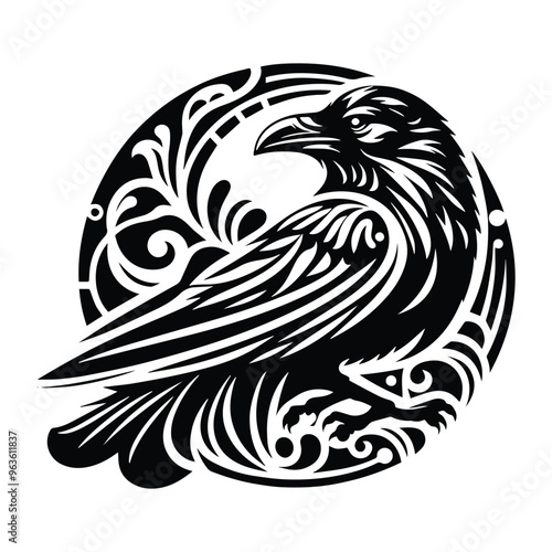 Wallpaper Mural raven bird with art nouveau decoration, stencil logo, black and white animal illustration Torontodigital.ca