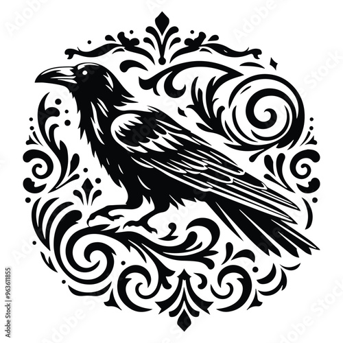 raven bird with victorian flourish decoration, stencil logo, black and white animal illustration