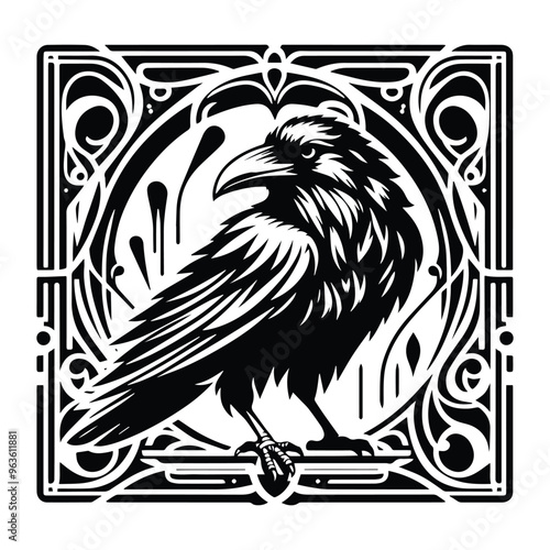 raven bird with art nouveau decoration, stencil logo, black and white animal illustration