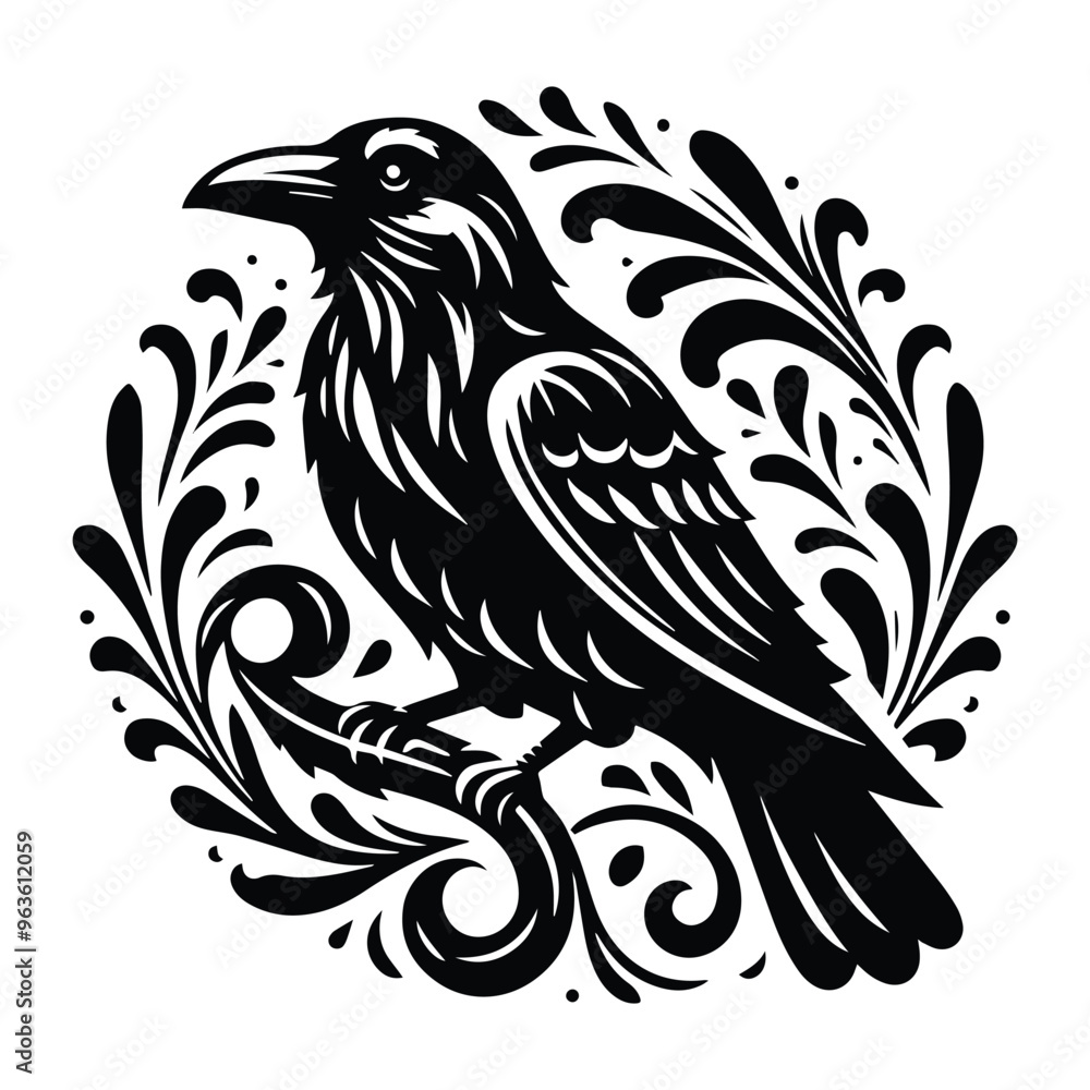 Obraz premium raven bird with victorian flourish decoration, stencil logo, black and white animal illustration