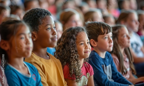 Group of elementary school students sitting in an auditorium during an assembly, Generative AI