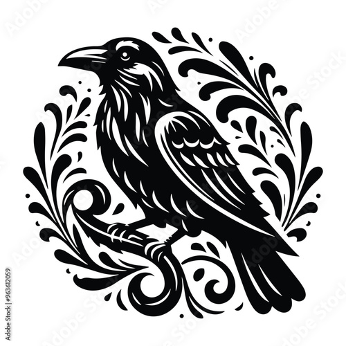raven bird with victorian flourish decoration, stencil logo, black and white animal illustration