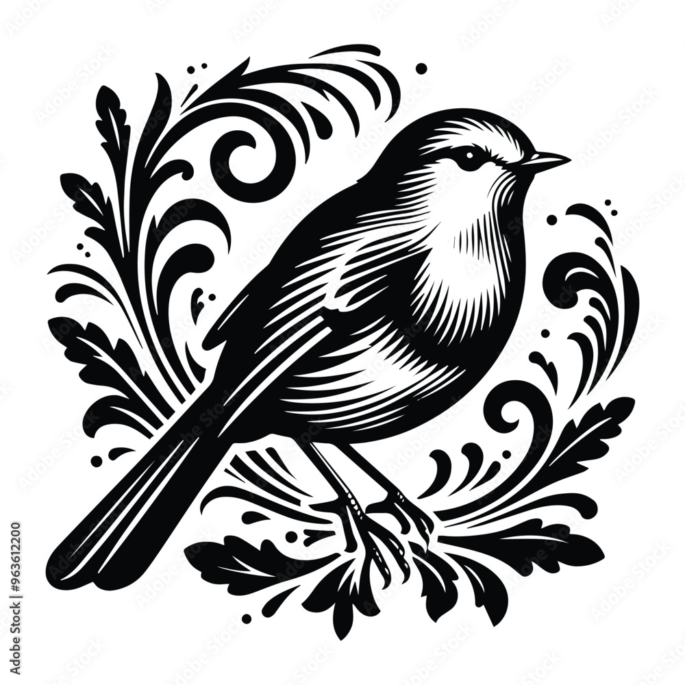 Naklejka premium Robin bird with victorian flourish decoration, stencil logo, black and white animal illustration