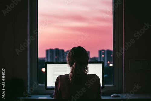 woman working on computer in front of a big window at vivid and colorful pink night city lights skyline. business, work from home. Free Download woman working on computer in front of a big window at vivid and colorful pink night city lights skyline. business, work from home. - GFXLoad