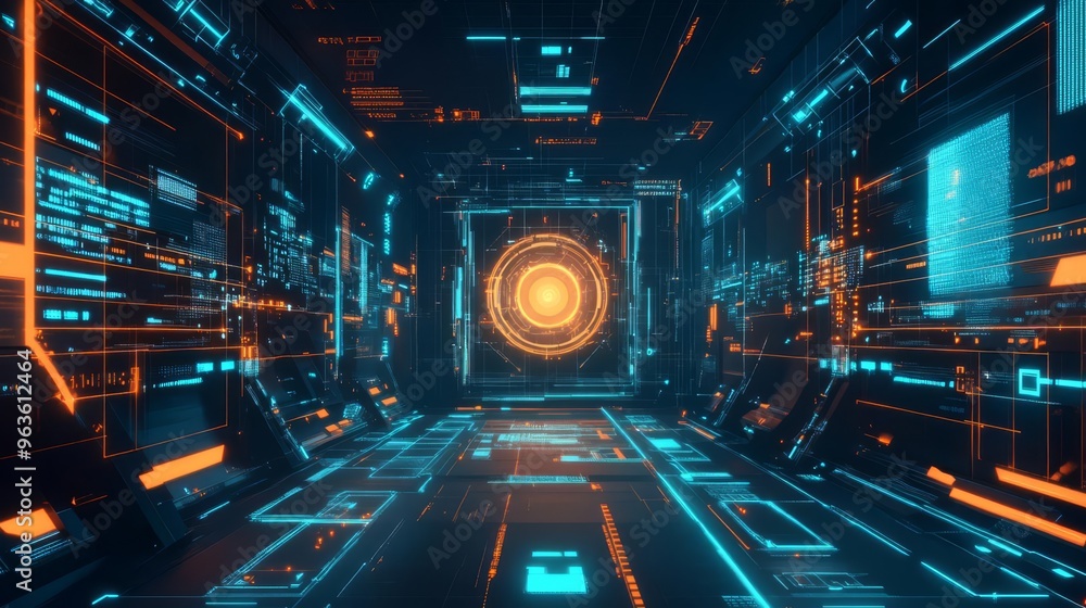 Futuristic digital tunnel with glowing neon lights and intricate geometric patterns, evoking a high-tech, cyberpunk environment. Futuristic digital tunnel with glowing neon lights and intricate geometric patterns, evoking a high-tech, cyberpunk environment.