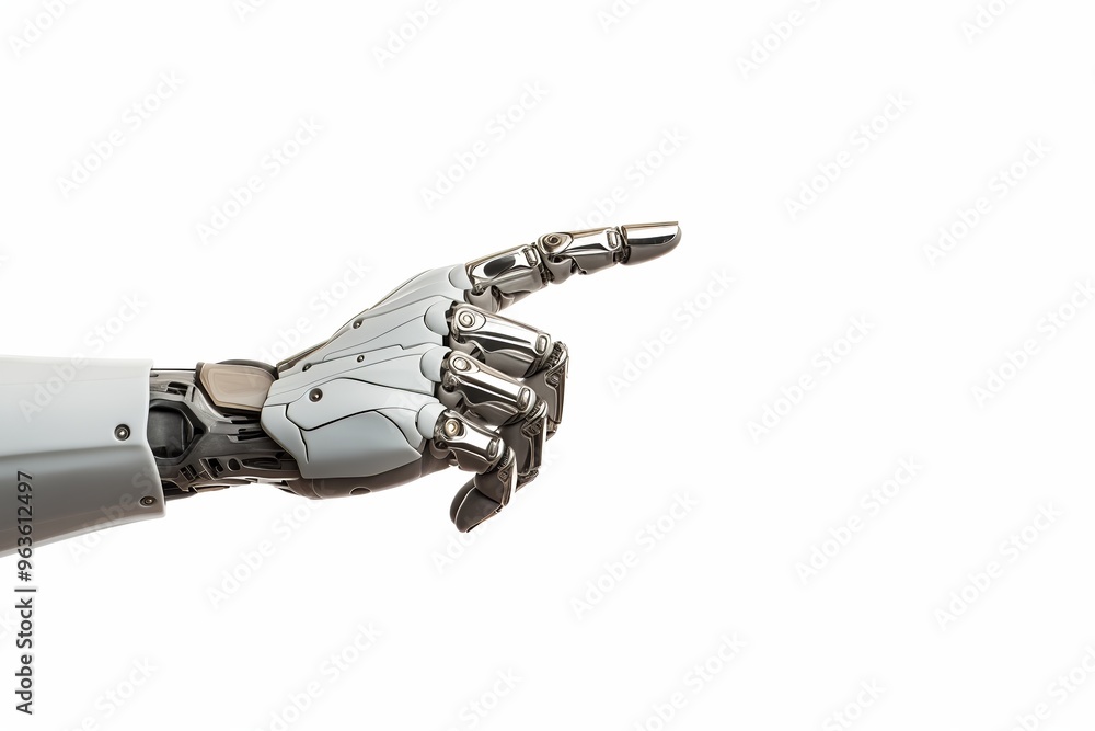Robot hand pointing index finger, showing Isolated on white background Robot hand pointing index finger, showing Isolated on white background