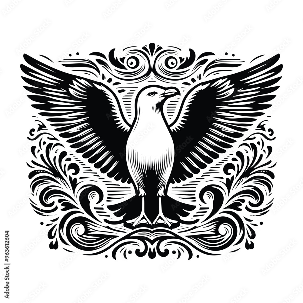 Obraz premium Seagull bird with victorian flourish decoration, stencil logo, black and white animal illustration