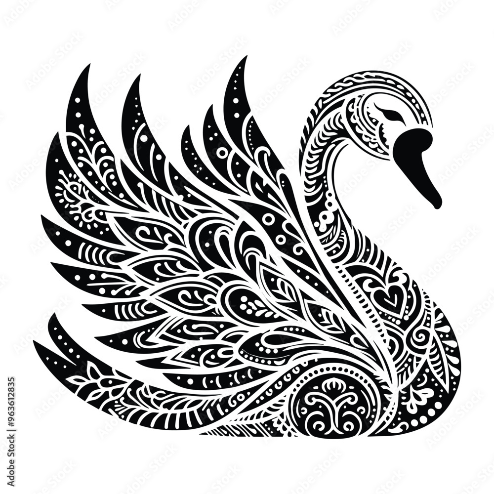 Swan bird in zentangle art, stencil logo, black and white animal illustration Swan bird in zentangle art, stencil logo, black and white animal illustration